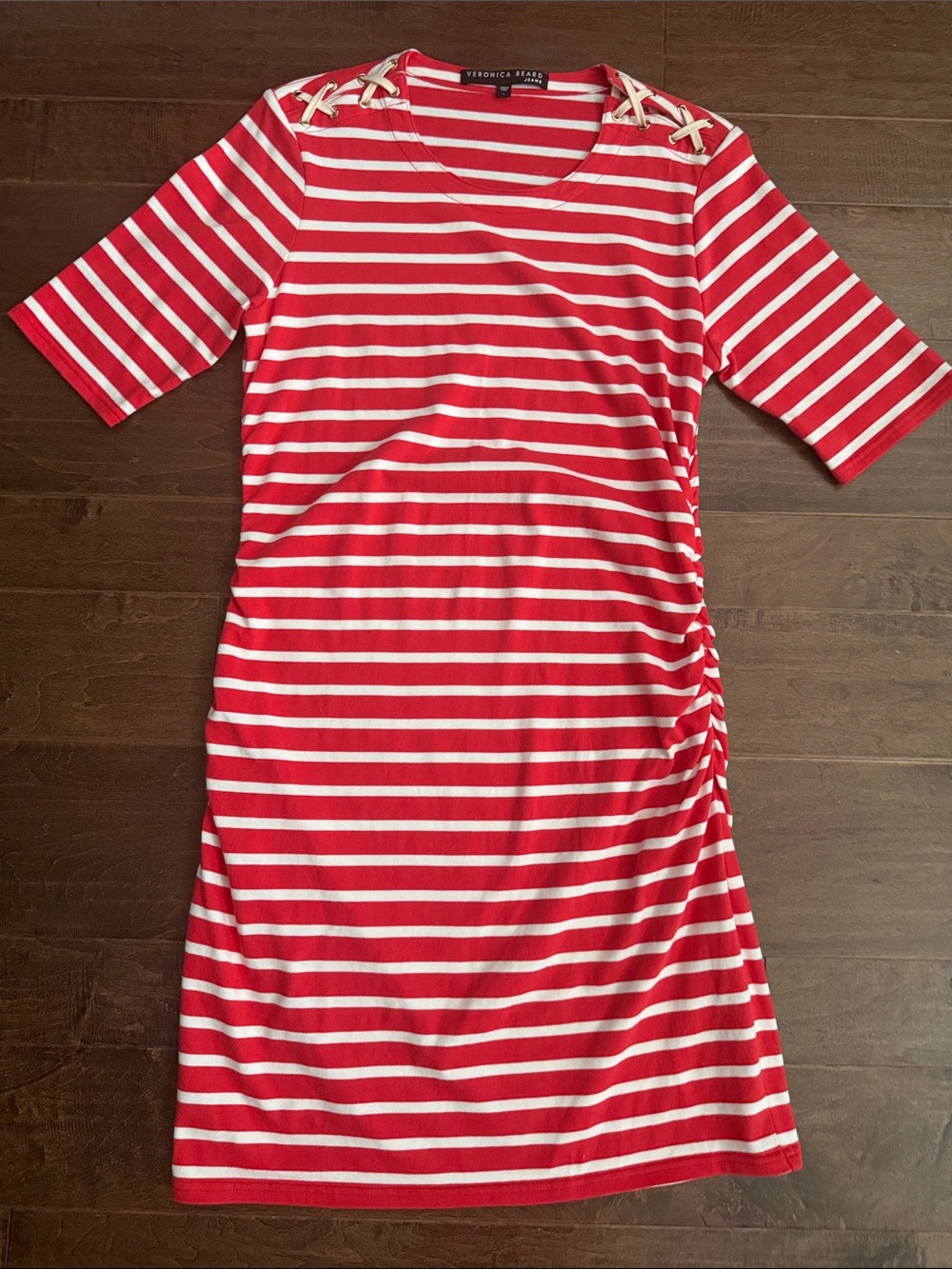 Veronica Beard Red & White Striped Midi Dress with Shoulder Tie Details